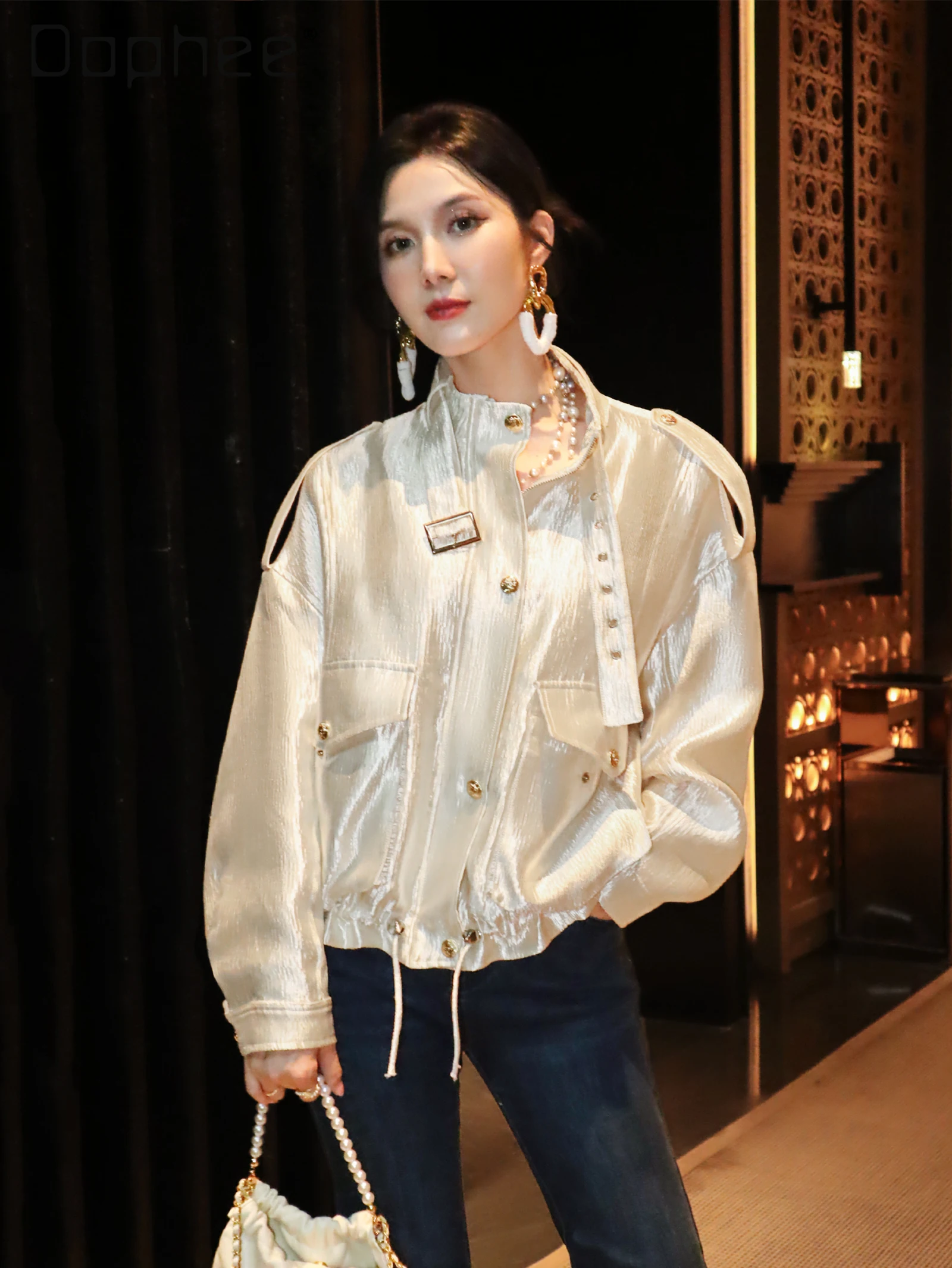 French Fashion Elegant High-end White Coat Luxury Socialite Stand Collar Single-breasted Drawstring Slim Short Jacket for Women