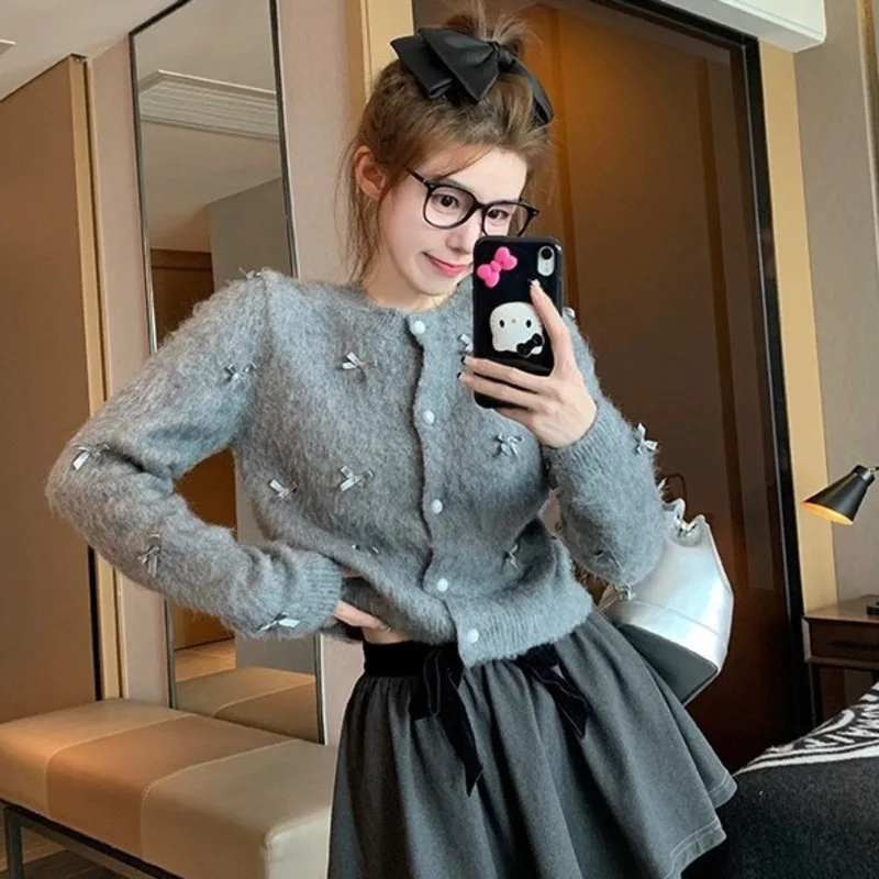 Kawaii Bow Knitted Cardigan Women Long Sleeve Grey Sweater Korean Casual Cardigan For Women Harajuku Loose Coat 