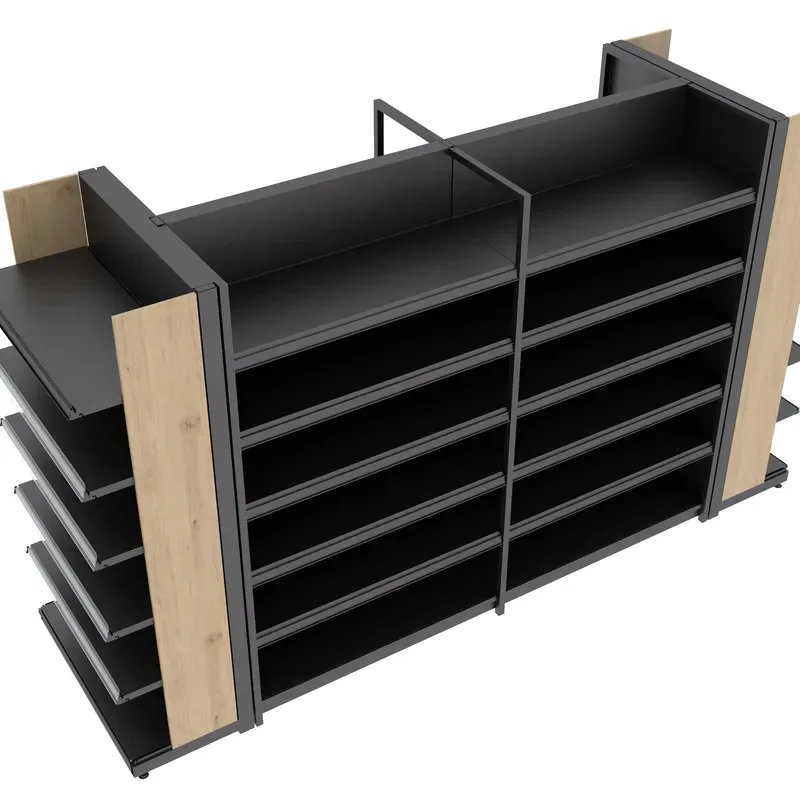 Modern heavy-duty wooden supermarket shelves with 4 shelves, freestanding display racks, highlight retail solutions for