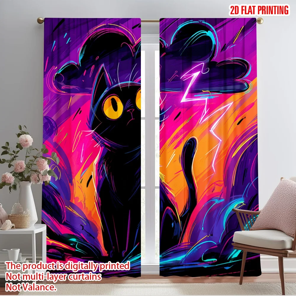 

2pcs 2D flat printing Party Window Curtains Black Cat Neon Thunderstorm 100% Polyester Without Electricity Festive Wall Decor