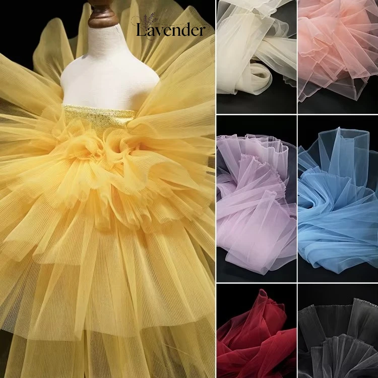 

Colorful Stretch Ruffled Accordion Pleated Lace Little Stiff Tulle Material Fabric for Bridal Wedding Dress