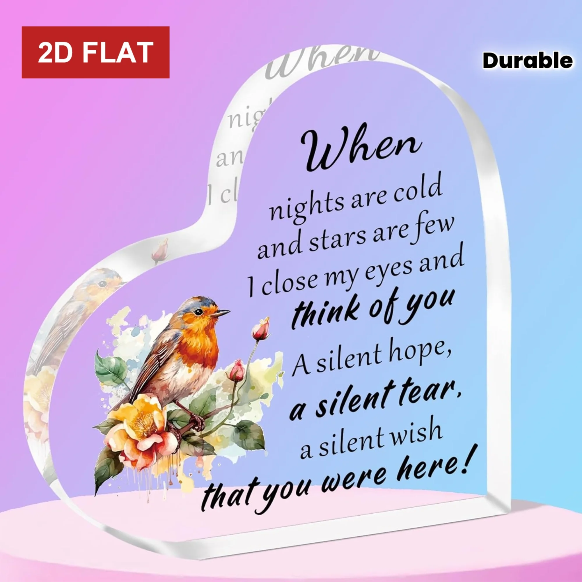 2D， Heart shaped acrylic desktop decoration - elegant flower and bird design, suitable for home decoration, holiday gifts
