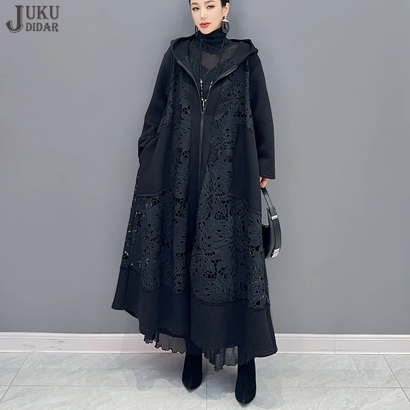 Solid Black Lace Patchwork Winter Woman Long Hooded Windbreaker Loose Fit Big Size  Casual Long Trench Coat Outerwear JJCT024