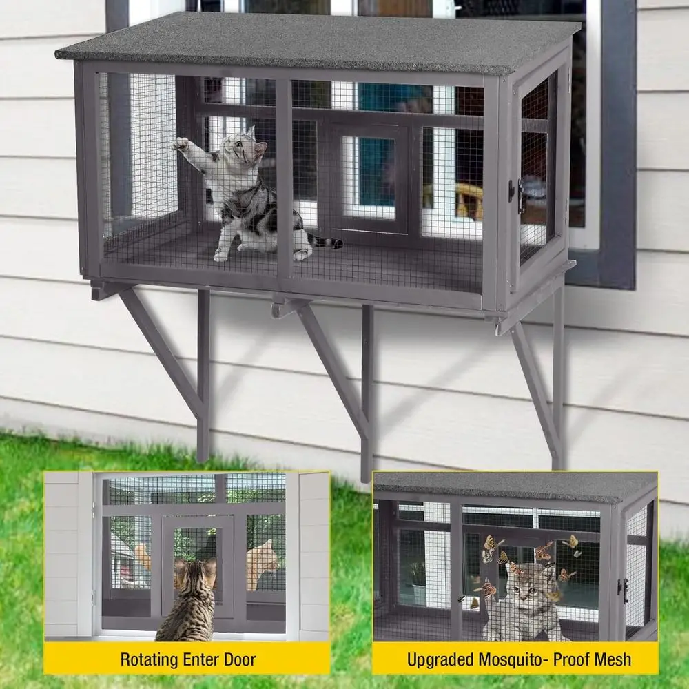 Outdoor Cat Enclosure with Weatherproof Roof and Lockable Door for 1-2 Cats, Secure Window Perch House view 3