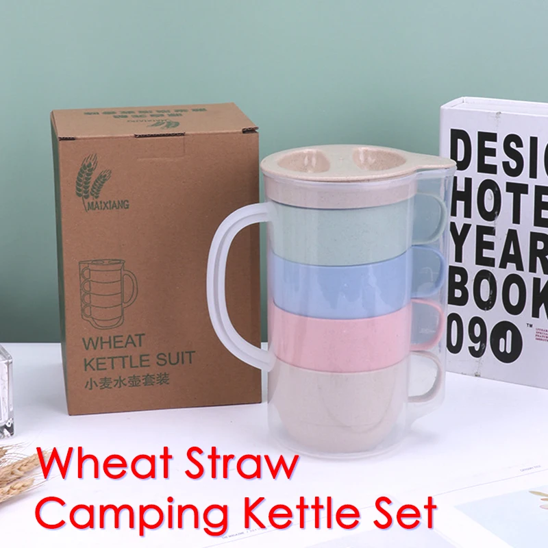 Wheat Straw Cold Kettle Set Camping Drinking Cup Set Drinking Kettle Portable Mug Set Wheat Straw Picnic Sharing Water Jug Set