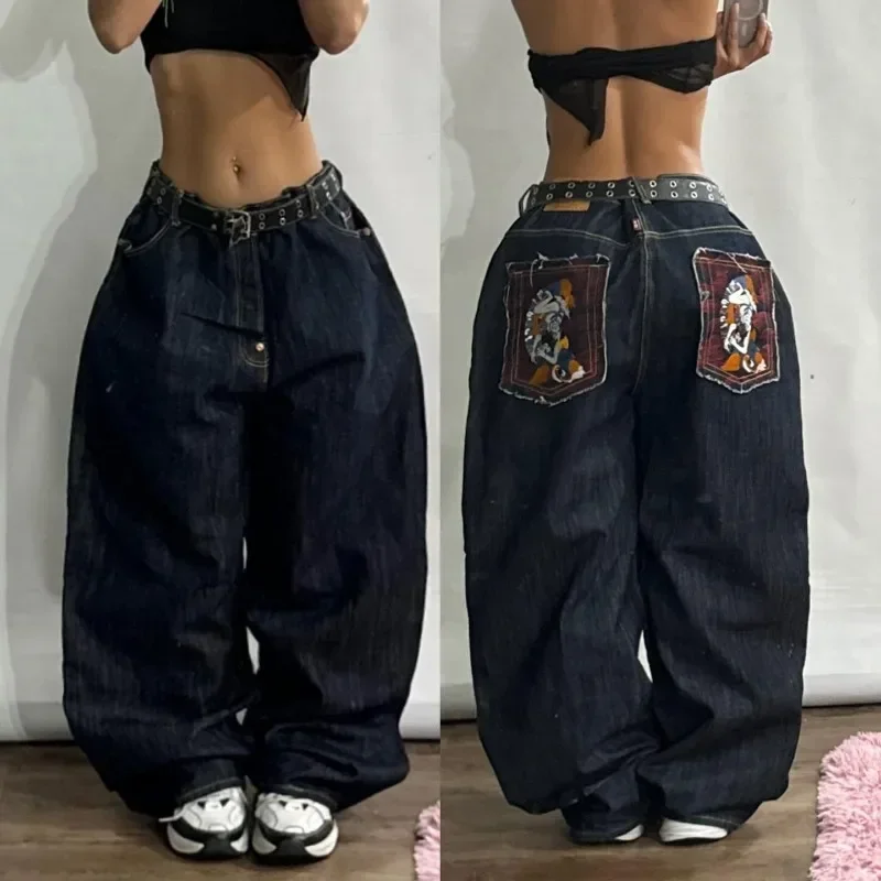 Y2K Harajuku Street Wear Oversized Printed Loose Jeans Hip-Hop Retro Pop Ear Goth High-Waisted Jodhpurs Wide-leg Pants Trousers