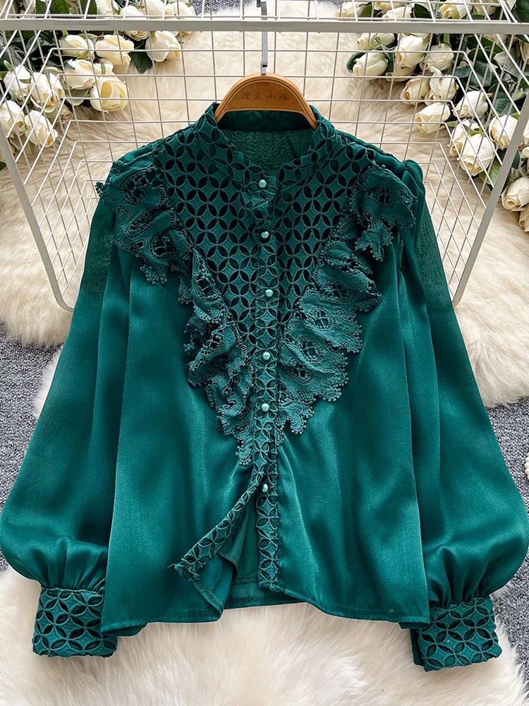 

Women Shirt French Vintage Court Lace-trimmed Lantern Sleeve Mesh Shirt Versatile Base Shirt Top Blouse Female Top BL305