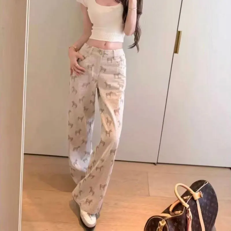 

Fashionable Pony Jacquard Weave Straight Jeans Spring Summer High Waist Button Women's Clothing Vintage Polka Dot Denim Trousers