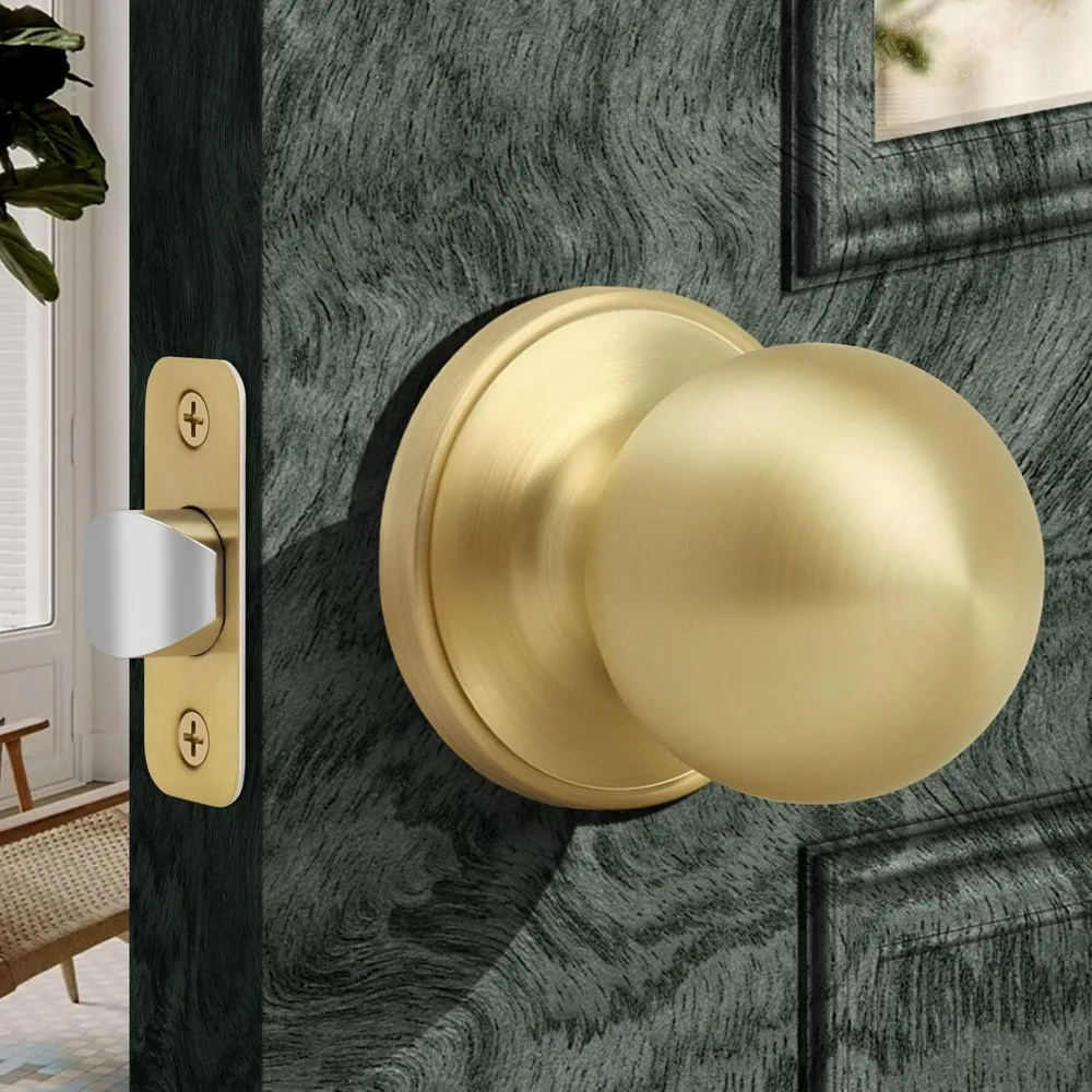 

Round Ball Style Passage Brushed Gold Door Knob, No Lock Interior Door Knob, Keyless Doorknob for Hall Closet Pantry, Satin Bra