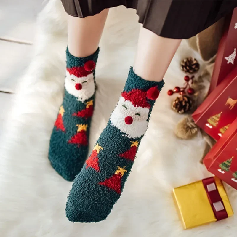 2026 Autumn Winter Thick Half Flannel Christmas Socks for Women Mid Tube Floor Socks Three-dimensional Cartoon Sleep Socks