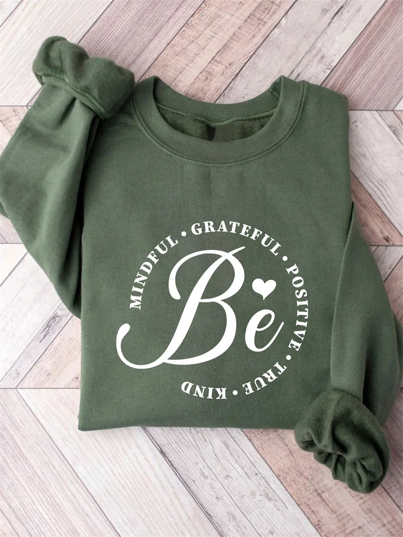 New winter cotton simple warm thick mindful grateful positive pattern letter printed long sleeve vintage round neck sweatshirt