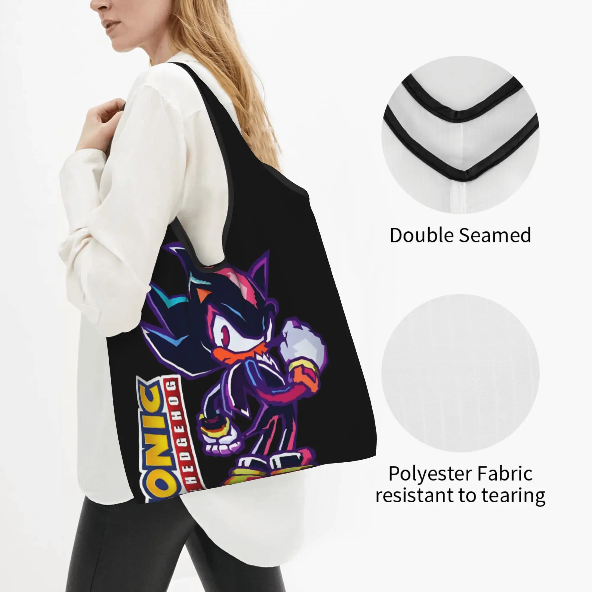 Cartoon Hedgehogg Shadow  Groceries Shopping Bags Kawaii Shopper Shoulder Tote Bags Big Capacity Portable Japanese Game  Handbag