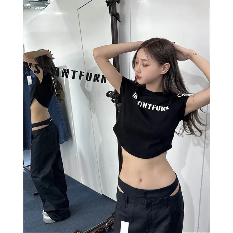

Женская летняя футболка Spicy Girl Sle ort нестандартной формы Dongdaemun с буквенным принтом, облегающий круглый топ Ne