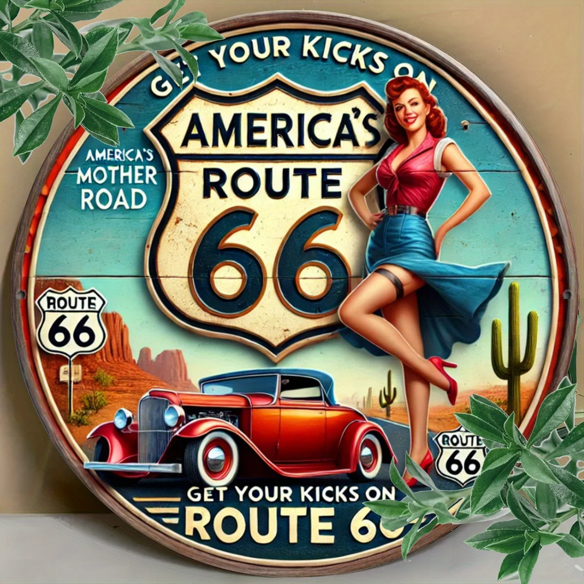 Retro Route 66 Metal Wall Art Sign - 8x8 Inch Vintage Americana Route 66 Shield Design with Classic Cars, Pumps & Cacti