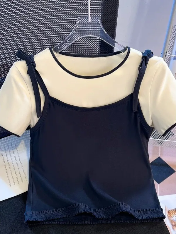 

plus Size 300 Pounds Fat MM Short Sleeve T-Shirt Women Summer Casual round Neck Splice Skin-friendly Breathable Korean Style