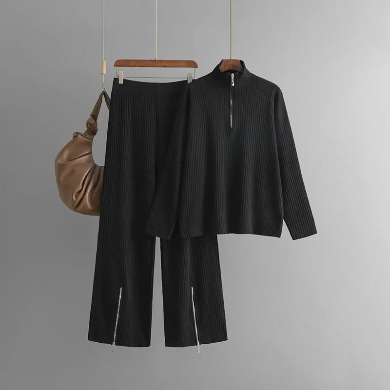 Chic Design Knitted 2 Piece Sets Casual Solid High Waist Sweatpants Outfit Women Zipper Turtleneck Knit Sweater Tops Conjuntos