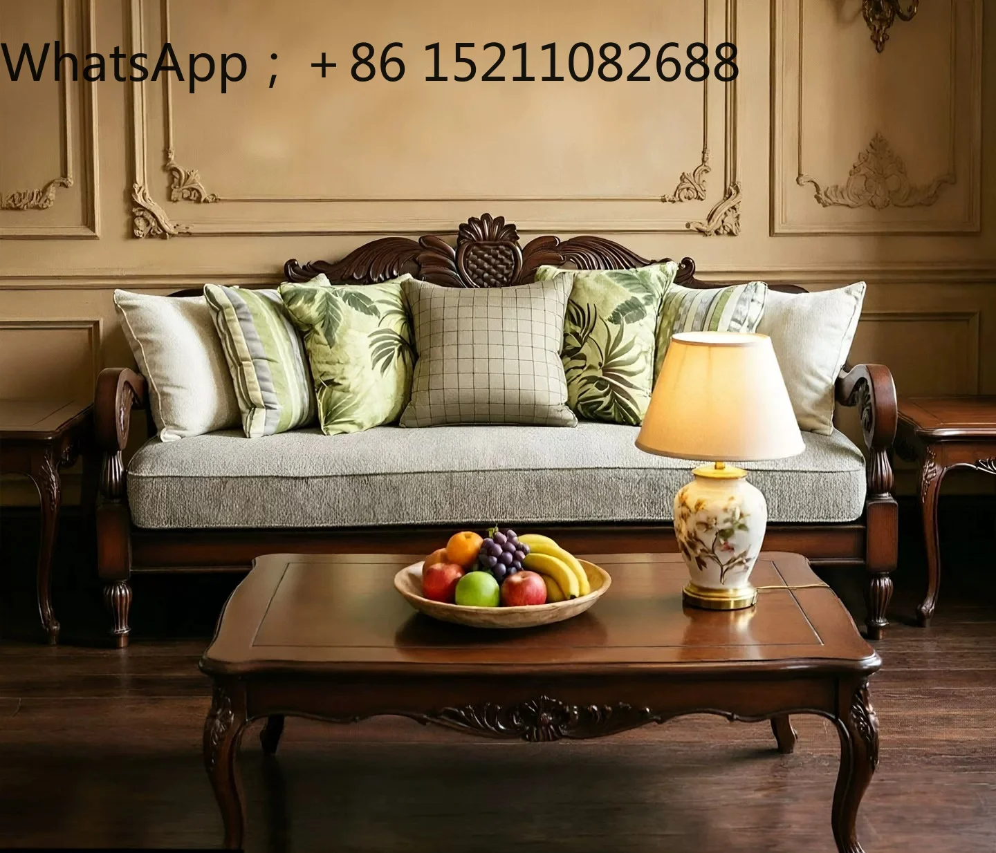 LLY retro solid wood sofa villa living room carved three-person straight row sofa country rattan back sofa