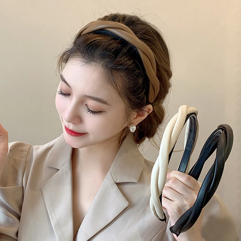 Neue Mode Frauen Stirnband Pu Leder Haarban Haar Reifen verdreht geflochtene rutsch feste Kopf bedeckung Mädchen Vintage Turban Haarschmuck – Detail 1