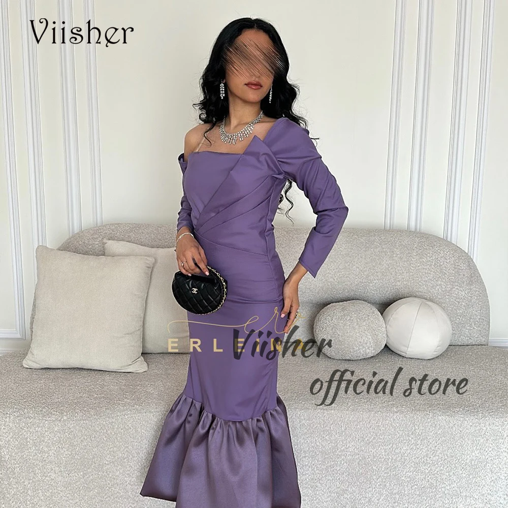 

Viisher Lavender Satin Mermaid Evening Prom Dresses Long Sleeve Arabian Dubai Formal Dress Ankle Length Evening Party Gown