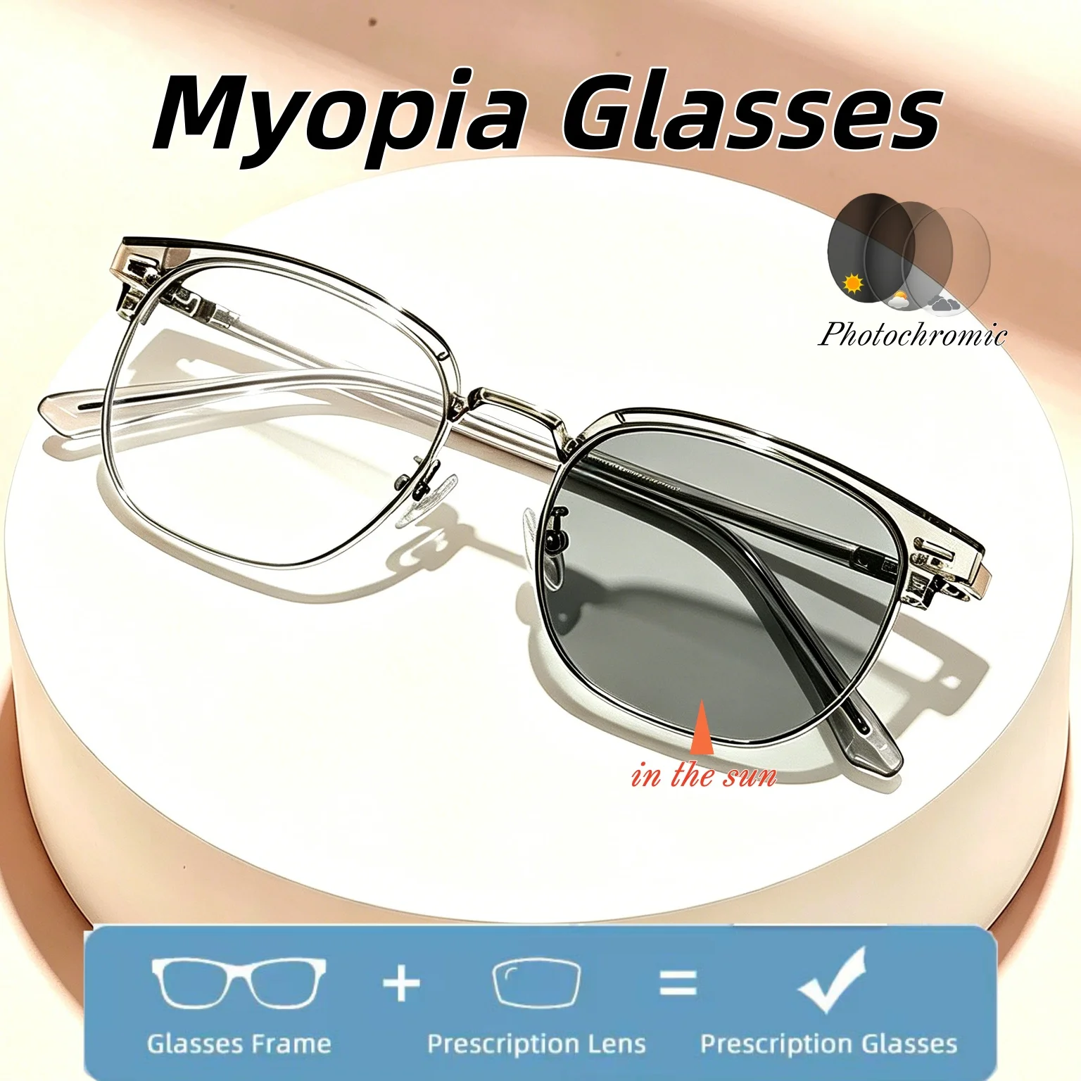 

Customized Anti Blue Light Photochromic Myopia Glasses HD Ultra Light Near Sight Glasses Fashionable Vintage Eyeglasses Unisex