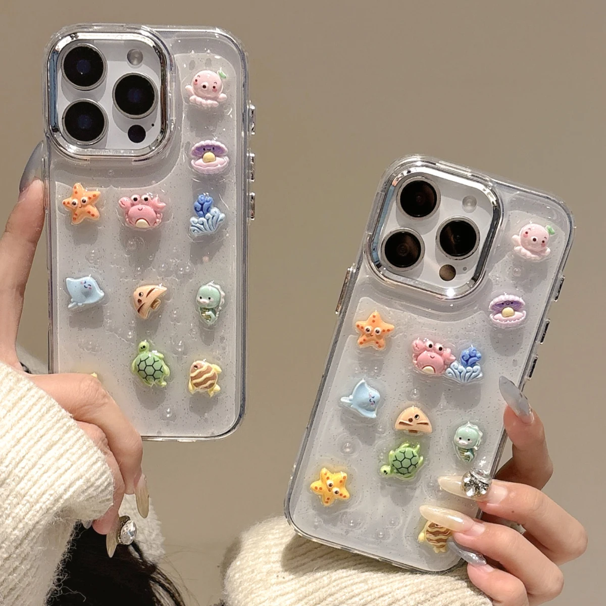 ثلاثية الأبعاد شفافة بلينغ بريق البحر البحرية الحيوان جراب هاتف آيفون 17 16 14 13 12 11 15 برو ماكس قطرة الغراء غطاء مقاوم للصدمات