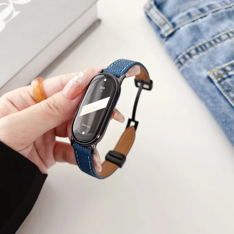 Korean Denim Canvas Leather Strap for Xiaomi Mi Band 6 5 7 8 Replacement Wristband for MiBand 8 7 Magnetic Bracelet Accessories