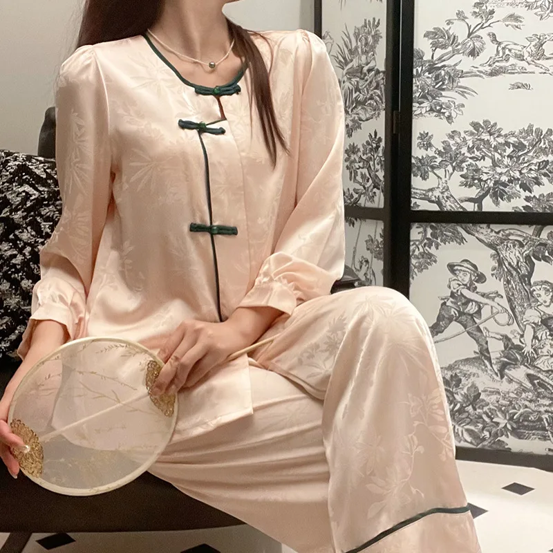 Retro Print Flower Satin Nightwear New Chinese Style Pajamas for Women Trouser Suits Loose Home Wear Spring Autumn Sleepwear