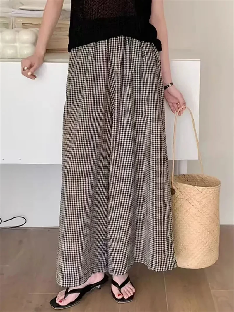 Vintage Checked Pants 2025 Women Stylish Wide Leg Pant Elegant High Waist Office Trousers Casual Loose Grid Pantalon Oversize