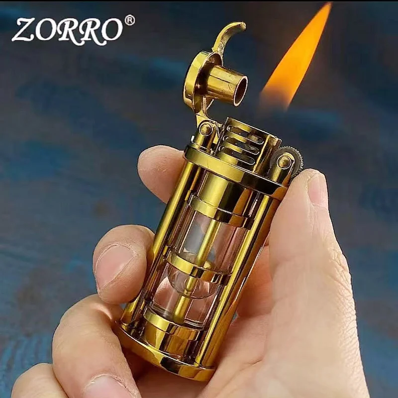 

Zorro Metal Retro Lighter Outdoor with Open Flame Grinding Wheel Transparent Fuel Tank Igniter Cigarette Accessories Men's Gift