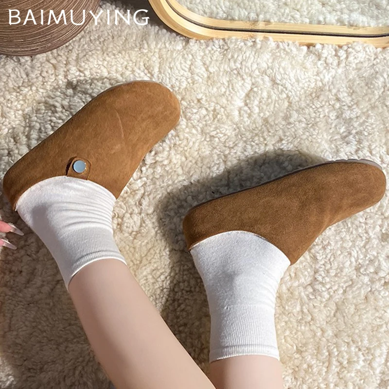 Fur Women Cotton Slippers Flats Suede Mules Shoes Fashion Slingback Boots Woman 2025 Trend Winter Fashion Casual Female Botas