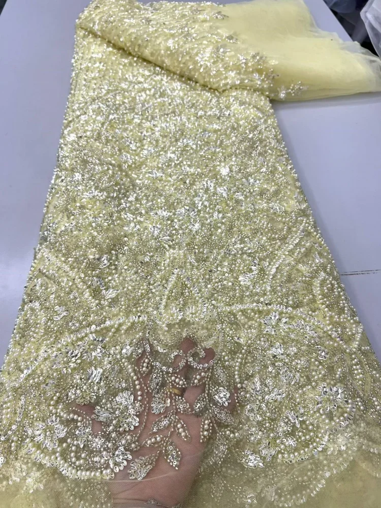 African Beaded Lace Fabric High-Quality Nigerian Tulle Mesh Sequined Lace Fabric Suitable for Sewing Women's Garments