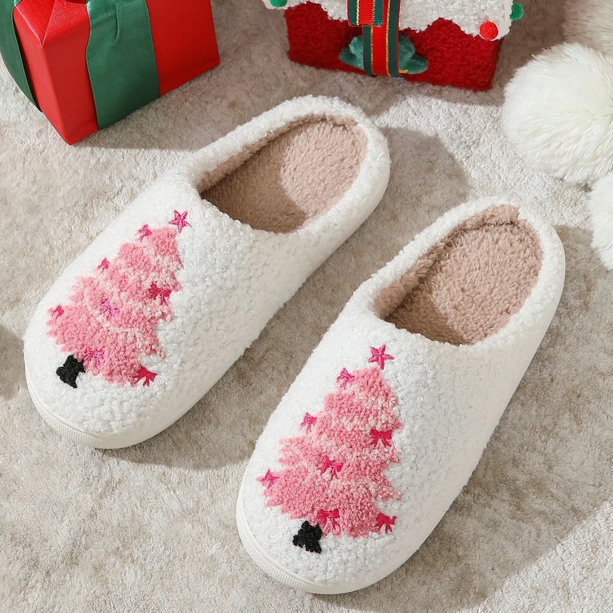 Warm Winter Home Slippers for Women Christmas Tree Fluffy Soft Plush Bedroom Ladies Men Indoor Outdoor Female Shoes Gifts