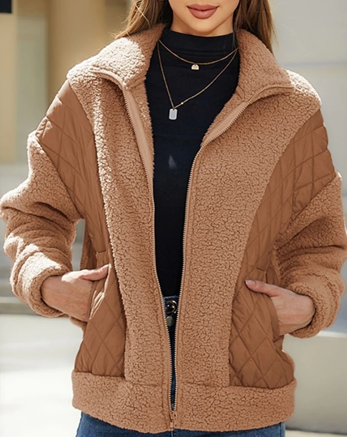 

Winter Jacket Woman 2024 Fashion Zipper Fleece Splicing Plaid Cotton Coat Warm Thick Blazer Jacket Urban Commuting Daily Jacket