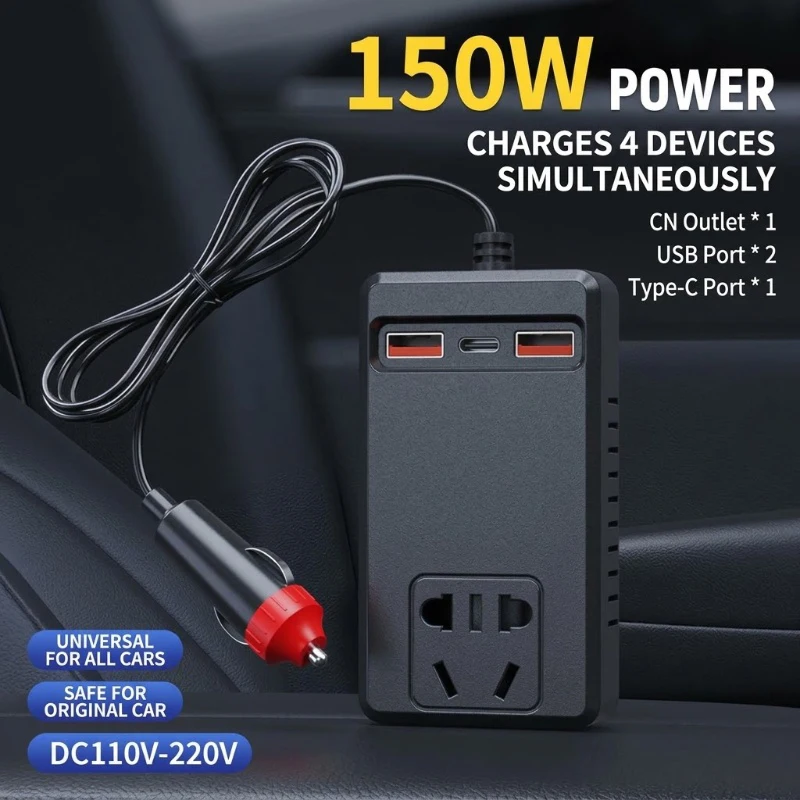 150W Car Power Inverter DC 12V to 110V AC Converter 4-Port Fast Plug Adapter with 1 AC Outlet 2 USB 1 Type-C For Phones Tablets