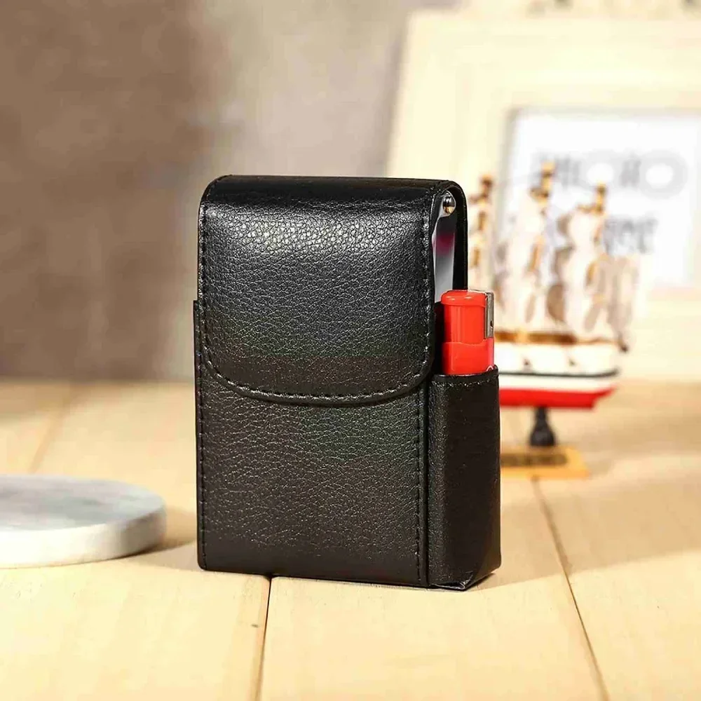 Cigarette Case PU Leather Smoke Tobacco Pouch Lighter Holder Storage Box Container Black