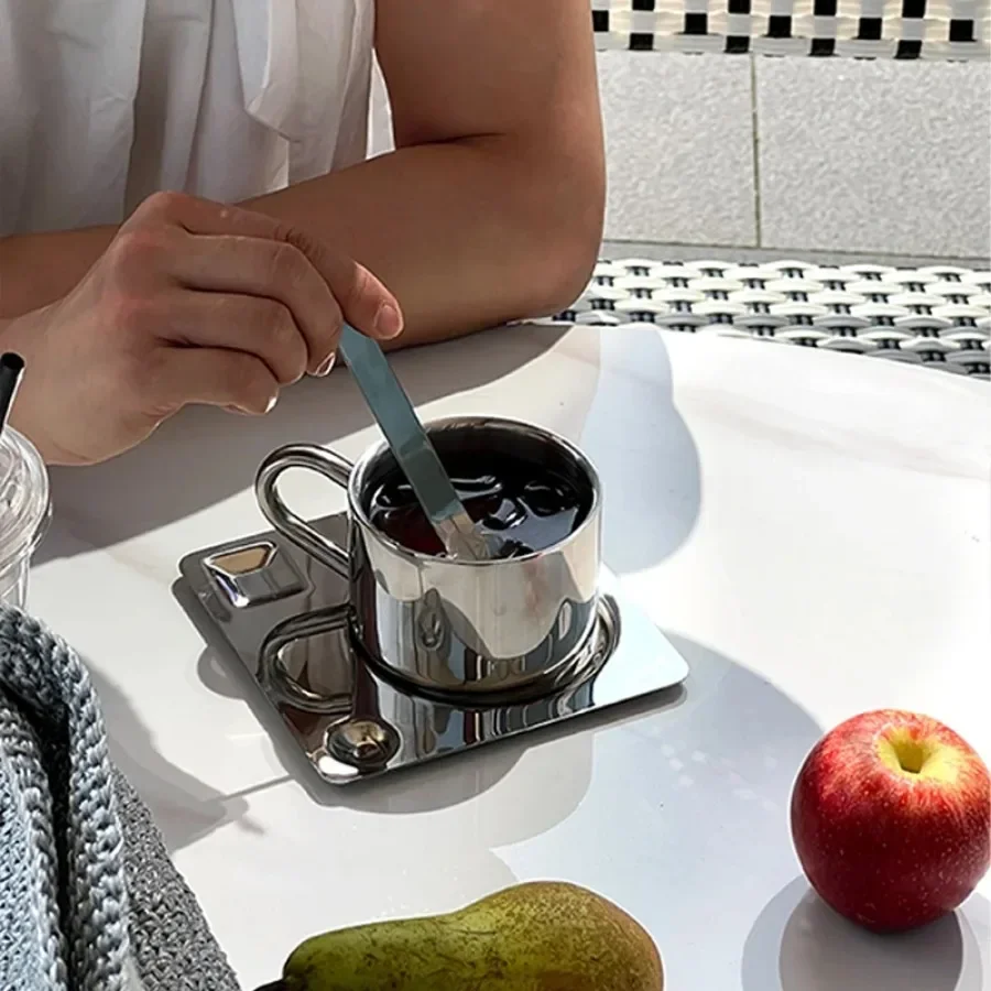 304 Stainless Steel Coffee Mug 3pcs Set Minimalist Nordic Mug Heat Resistant Milk Cup with Spoon Placemat  Coffee Cup Set Gifts