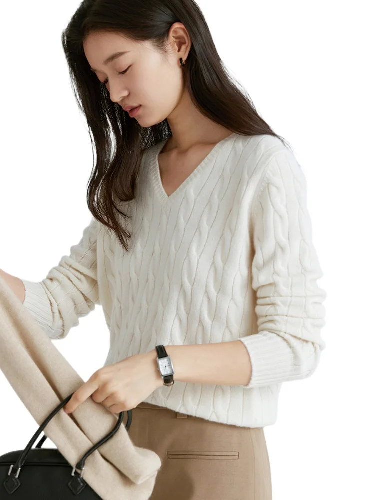 

Old money wind BI prepared classic _7 needle double thread Consinee AURORA pure cashmere V-neck twisted sweater knitted sweater