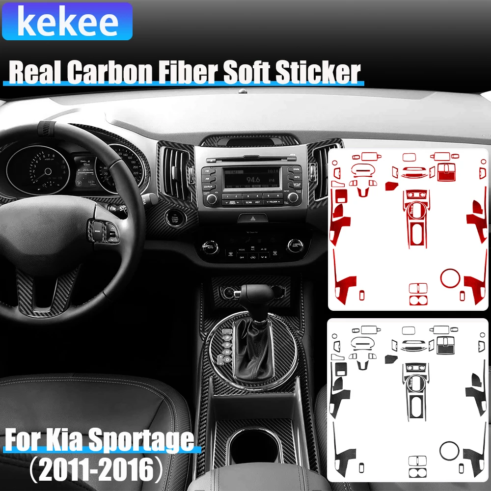 Real Carbon Fiber Car Accessories Gear Shift Dashboard Set Cover Soft Sticker For Kia Sportage 2011 2012 2013 2014 2015 2016