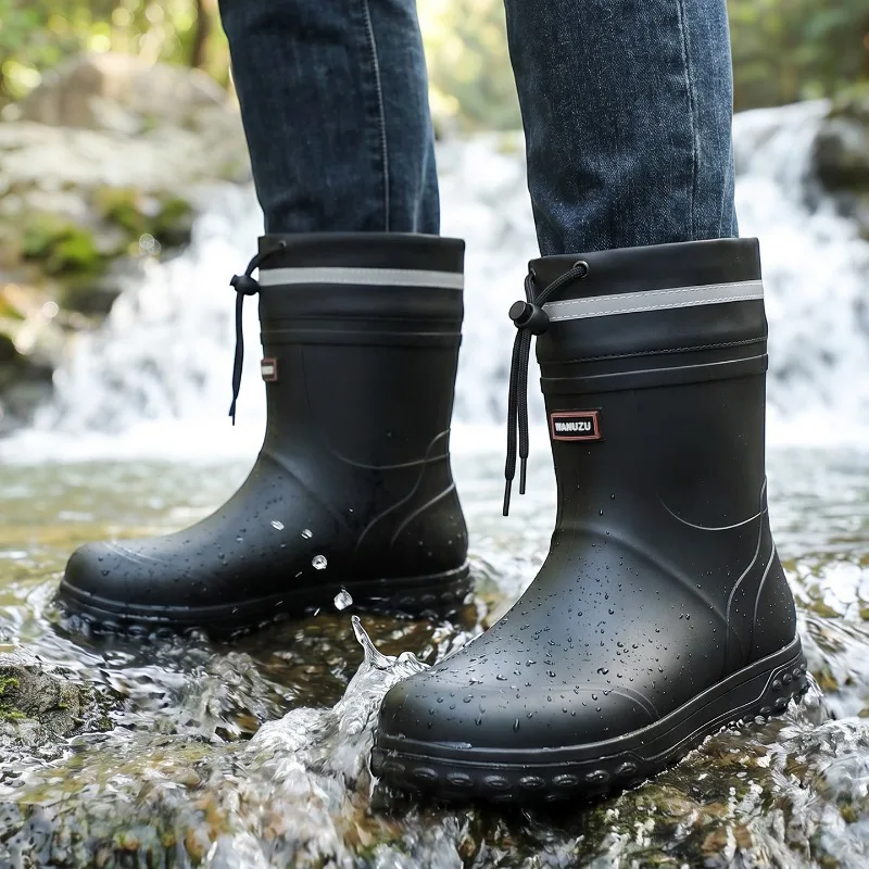Men Mid‑Calf Rain Boots Waterproof Drawstring Reflective Strip Non‑Slip Thick Sole Outdoor Working Daily Rainy Day Male Footwear