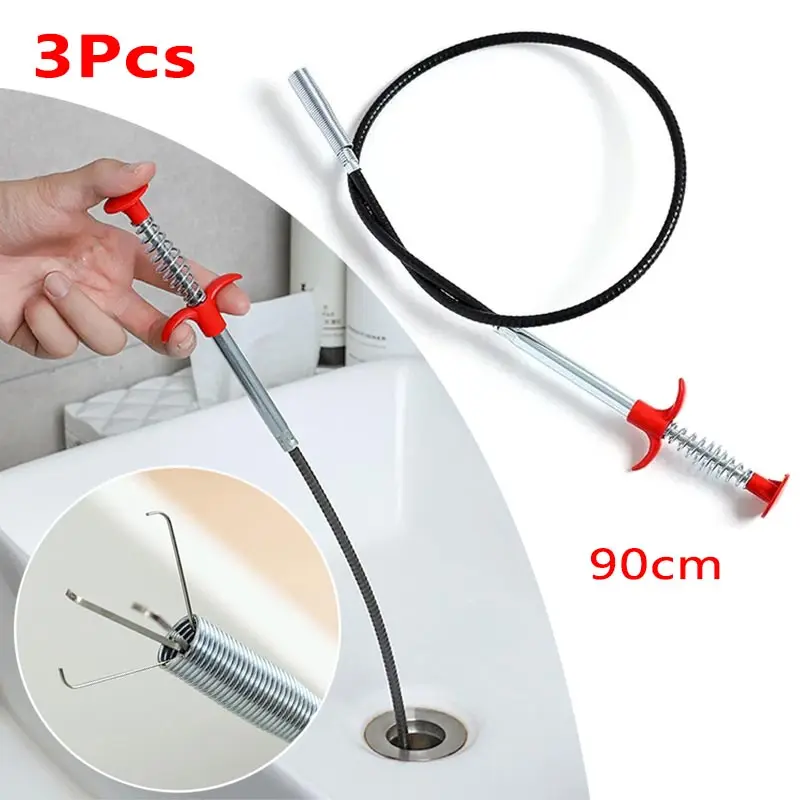 3Pcs 90CM Sewer Pipe Unblocker Bathroom Hair Sewer Sink Cleaning Tools Snake Spring Pipe Dredging Tool Kitchen Accessories