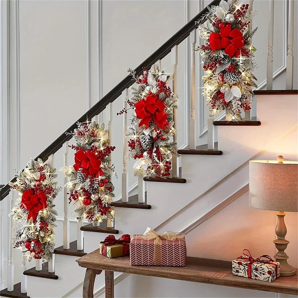 

3Pcs Artificial Christmas Teardrop Swags Christmas Wreath with Christmas Balls&Bow Large Garland Swag Ornament for Door Stairs