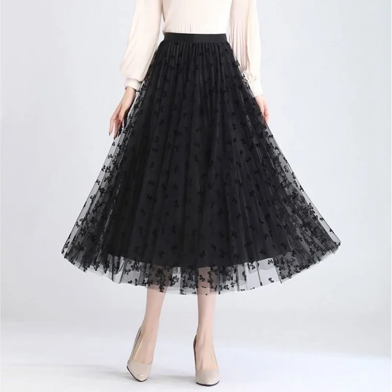 

Summer 2024 New Bow Embroidery Long Skirt Women 3D Flocking Apricot Skirt Double Sided Wearable Lining Glossy Pleated Skirts