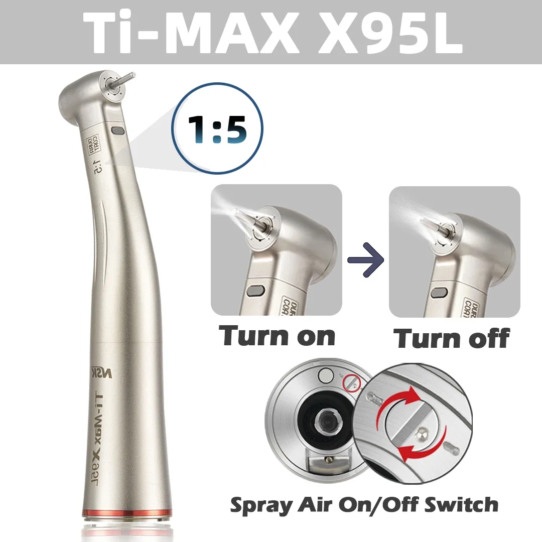 Dental 1:5 High Speed Handpiece with LED Light Spray Air On/Off Switch  Contra Angle NSK Ti Max X95L Inner Water Spray Red Ring