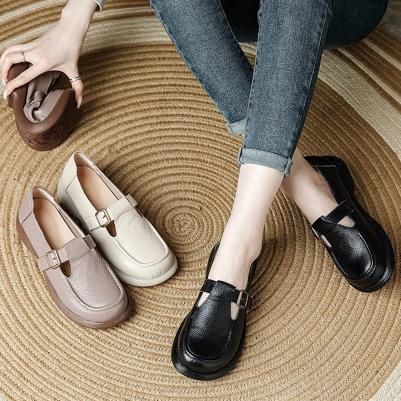 

New genuine leather buckle flats women's T strap moccasins college girls school shoes uniform office flats woman concise loafers