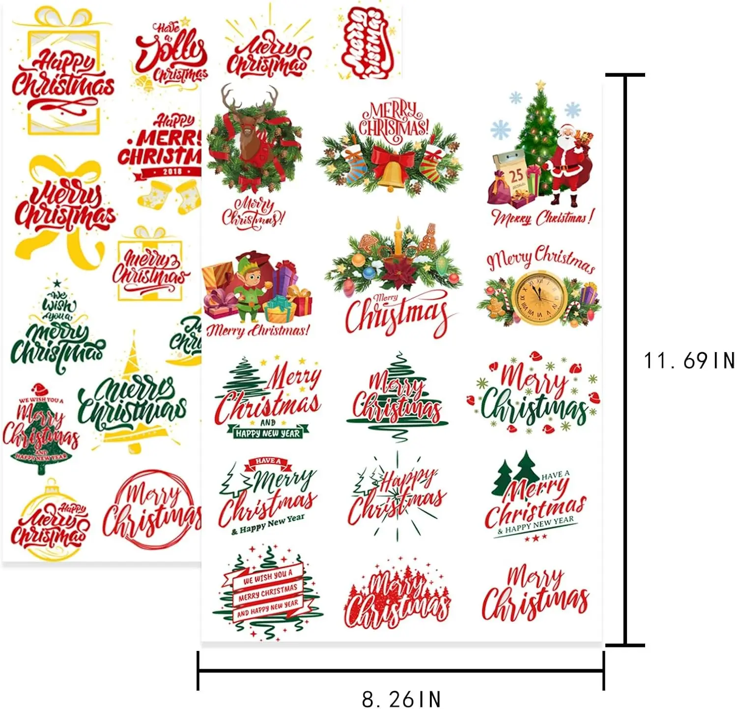 Imagem -02 - Merry Christmas Font Transfer Sheet Adesivos Feriado Rock on Transfers Santa Deer Snowman 8.27*11 69 Polegada