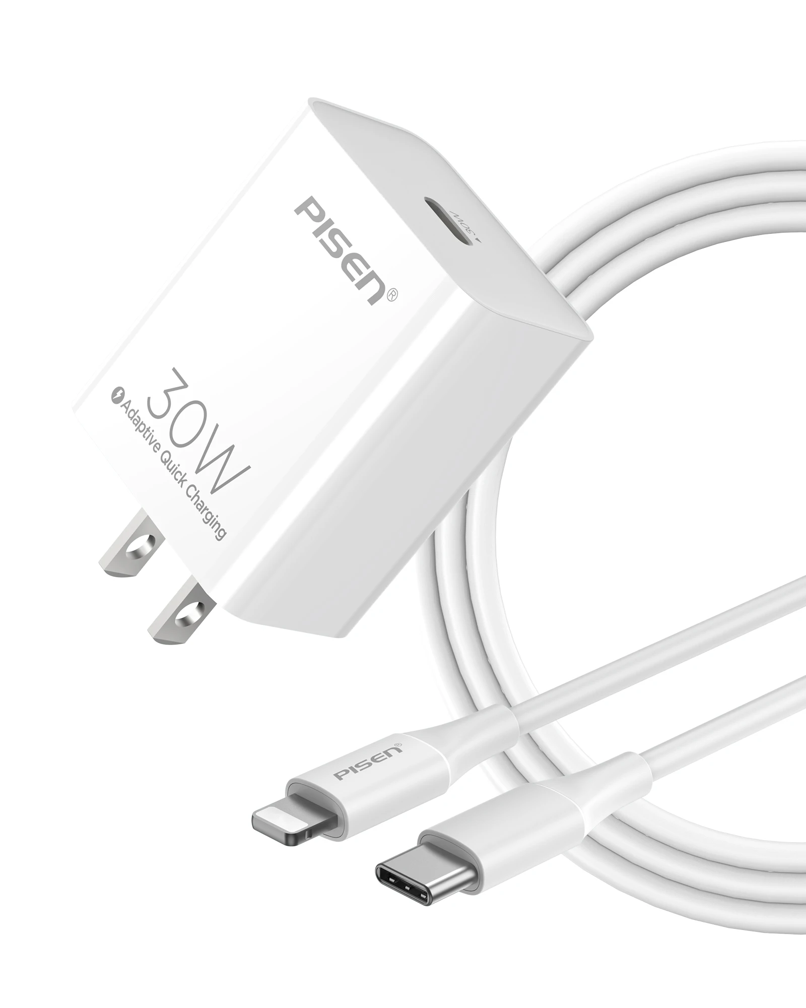 كتلة شاحن سريع PISEN 30W USB-C مع PD3.0، تتضمن كابل Lightning بطول 4 أقدام من النوع C، ومحول طاقة 30 وات متوافق مع iPhone #1