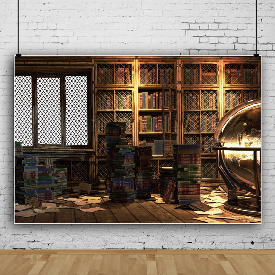 Laeacco Vintage Magic Room Bookcase Photography Background Retro Old Bookshelf Window Book Kids Girl Artistic Portrait Backdrop