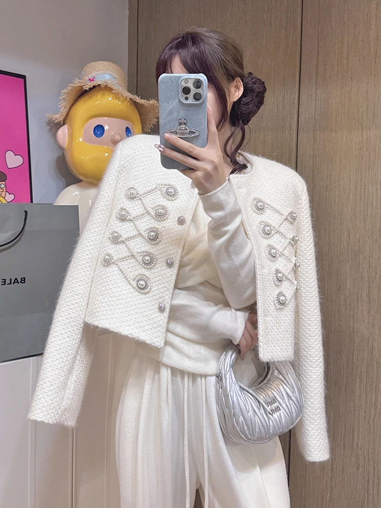 

FFmiss Белое шерстяное пальто с бисером, женское весеннее твидовое пальто с тяжелыми украшенными бриллиантами, открытый кардиган, модный прямой...