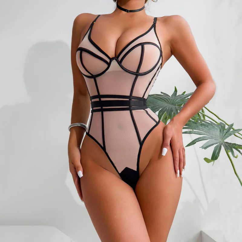 2024 Hot New Erotic Lingerie Mesh Splicing Sexy See-Through Body Shaping Backless Halter Jumpsuit Onlyfans