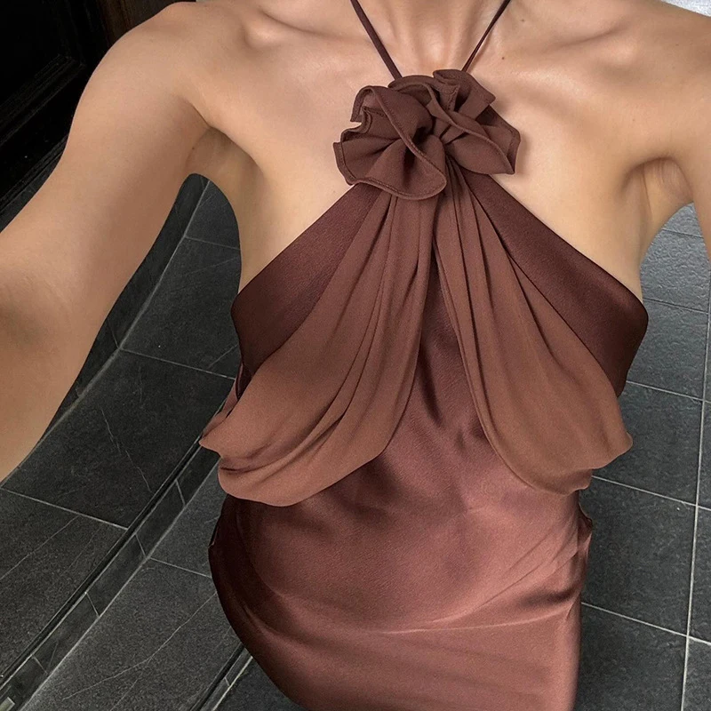 Robe longue élégante en satin solide pour femmes, robes de club de fibres, licou sexy en mousseline de soie, robe de soirée florale, printemps, nouveau, éducatif, 2024